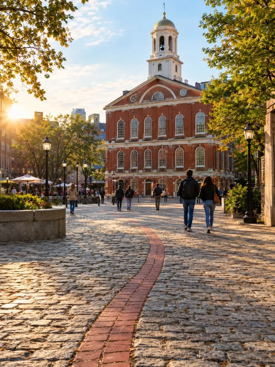 The red brick Freedom Trail line curving across a cobbled square towards Faneuil Hall in low afternoon sun